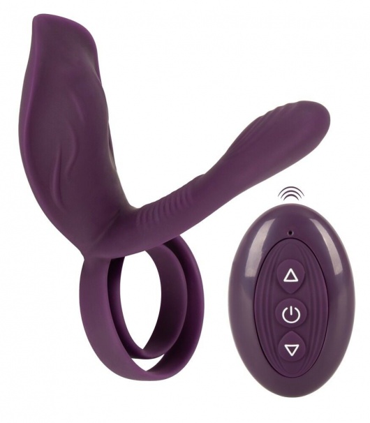 Фиолетовая насадка на член с клиторальным отростком и пультом ДУ RC Couple’s Vibrator 2 - Orion - в Балаково купить с доставкой